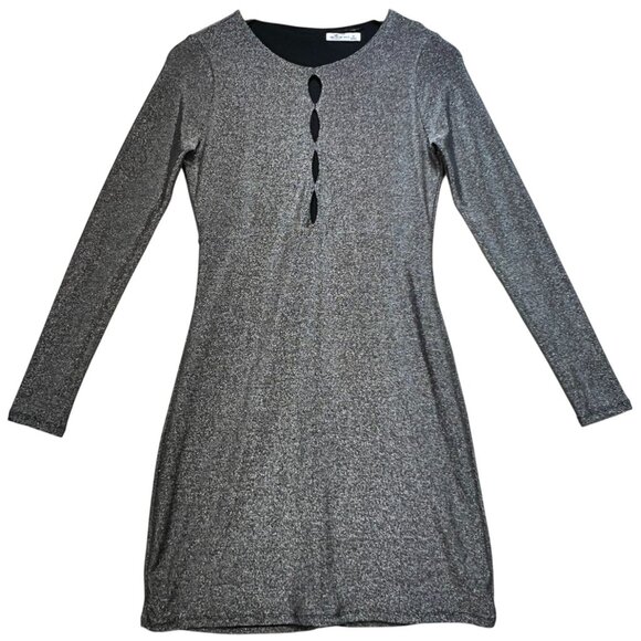 Hollister Women's Sparkle Mini Bodycon Dress Key Hole Size M Silver Long Sleeve - Picture 1 of 10
